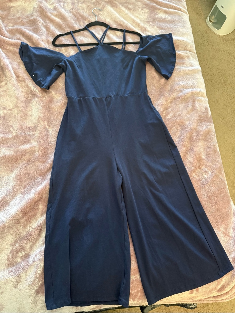 Off-Shoulder Navy Wide-Leg Jumpsuit